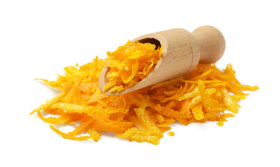Fresh orange zest and scoop isolated on white