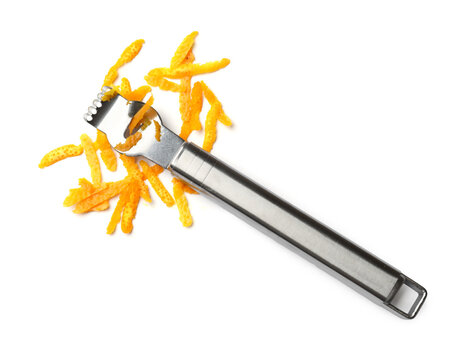 Fresh orange zest and zester tool isolated on white, top view