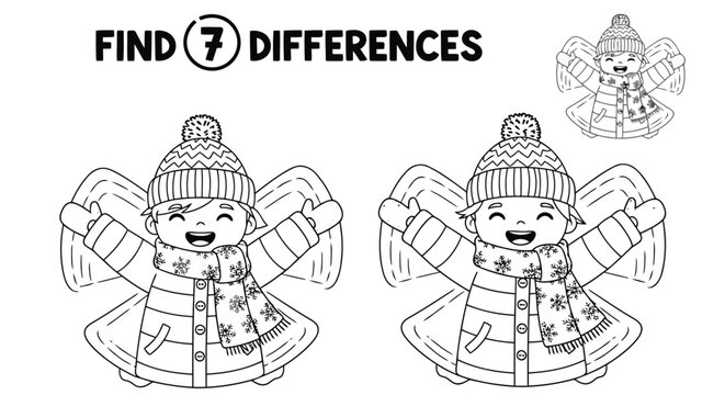 Vector art of a find the difference game with two identical cartoon images of a child making a snow angel, with 7 differences to spot, isolated on a