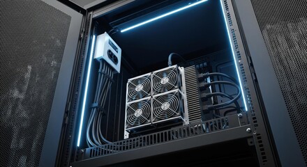 Interior view of a server rack showing computer hardware and cooling systems.