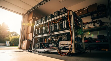 A crypto mining rig setup in a garage, with components and boxes.