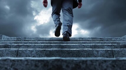 Person climbing concrete stairs toward a dark, stormy sky, symbolizing progress or moving forward in tough times.