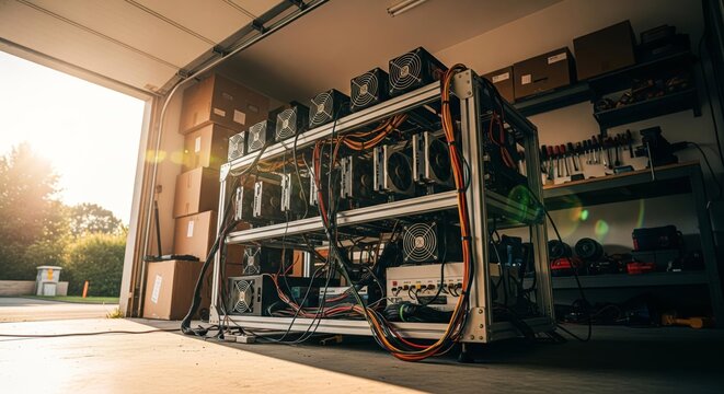 A crypto mining rig setup in a garage, with components and boxes. - Powered by Adobe