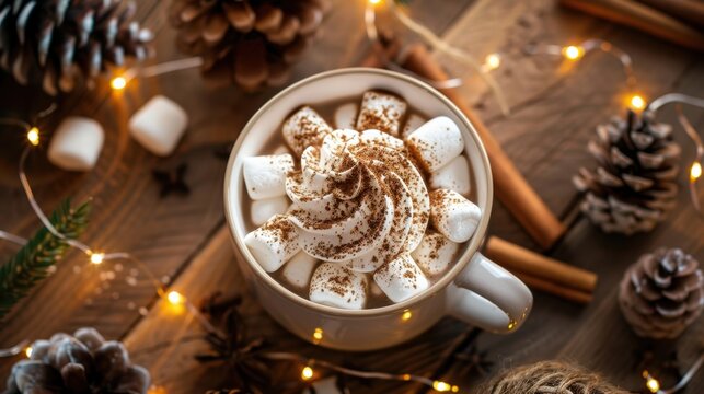 Cozy Top-Down View of Hot Chocolate with Whipped Cream and Marshmallows