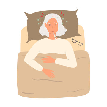 Cartoon vector illustration of a sick elderly woman lying in bed with a thermometer in her mouth and a towel on her head. Around her are microbes, bacteria, and red lightning symbols indicating fever.