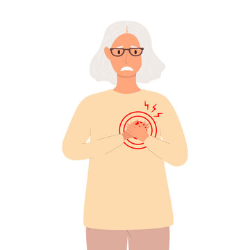 Cartoon vector illustration of an elderly woman clutching her chest in pain. Red circle and lightning symbols around her heart represent acute pain, heart attack, or cardiovascular problem.