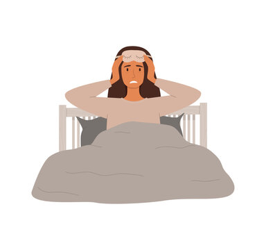 Vector illustration of a woman sitting in bed after a nightmare, holding his head in fear and confusion. Concept of bad dreams, anxiety, and restless sleep.