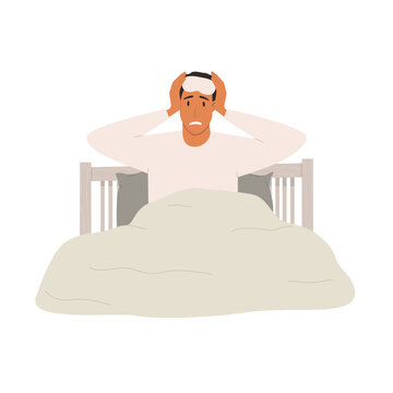 Vector illustration of a sad man sitting in bed, holding his head in his hands. Concept of insomnia, restless night, stress, anxiety, and sleep disorders.