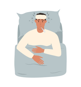 Cartoon vector illustration of a sick man lying in bed with a thermometer in her mouth and a towel on her head. Around her are microbes, bacteria, and red lightning symbols indicating fever.