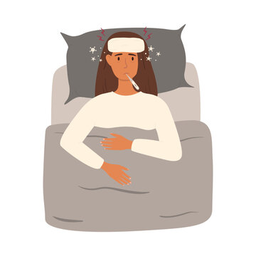 PrintCartoon vector illustration of a sick woman lying in bed with a thermometer in her mouth and a towel on her head. Around her are microbes, bacteria, and red lightning symbols indicating fever.