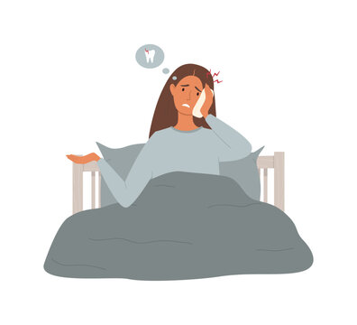 Cartoon vector illustration of a woman sitting in bed, unable to sleep because of toothache. She holds her cheek with a towel, wearing a sleep mask. A thought bubble shows a painful tooth with lightni