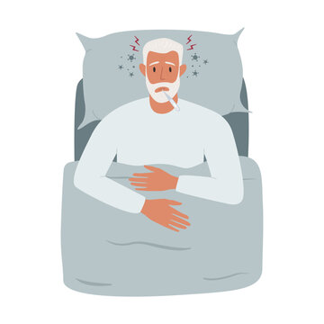 Cartoon vector illustration of a sick elderly man lying in bed with a thermometer in her mouth and a towel on her head. Around her are microbes, bacteria, and red lightning symbols indicating fever.