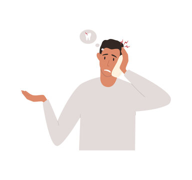 Cartoon vector illustration of a man suffering from toothache. He holds his cheek with a towel, and above his head in a thought bubble is a tooth with a lightning bolt symbolizing sharp pain.