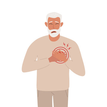 Cartoon vector illustration of an elderly man clutching her chest in pain. Red circle and lightning symbols around her heart represent acute pain, heart attack, or cardiovascular problem.