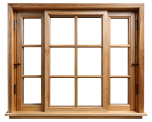 A wooden window with multiple panes, isolated on transparent background