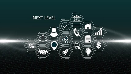 Futuristic Next Level concept. Glowing holographic planet earth digital network with collaboration, innovation and corporate leadership. Business, technology and global connection - Powered by Adobe