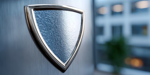 corporate trust symbol, a small elegant trust icon, such as a shield or handshake, is featured in a close-up, low-angle shot on polished metal