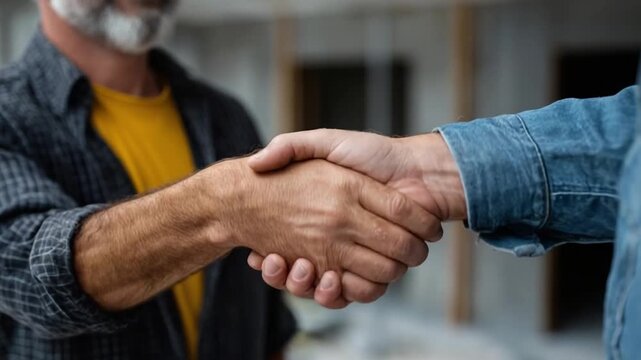Two men shake hands in a friendly agreement or greeting.