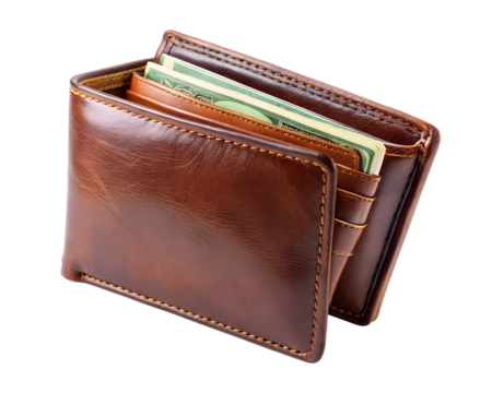 Brown leather wallet with money isolated on transparent background