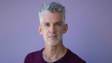 Obraz premium Thoughtful Silver-Haired Man in Dark Red Shirt Against Lavender Background