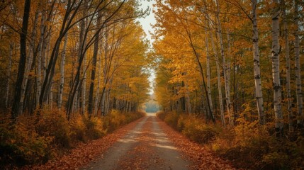 Obraz premium A path through a vibrant autumn forest with yellow leaves and birch trees lining both sides of the road