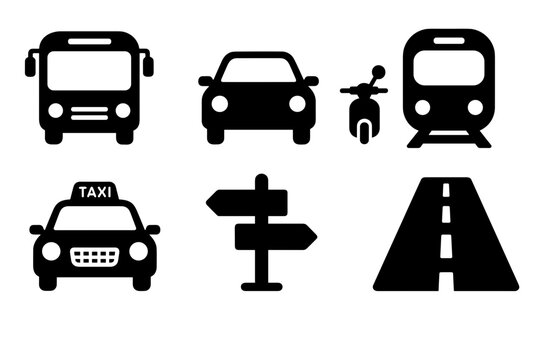 Collection Of Black Silhouette Icons Representing Various Modes Of Transportation And Road Signs Including A Bus A Car A Scooter A Train A Taxi A Signpost And A Road Section Isolated On White