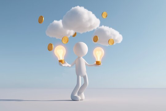 Character Juggling Light Bulbs with Coins Falling from Clouds for Monetizing Ideas