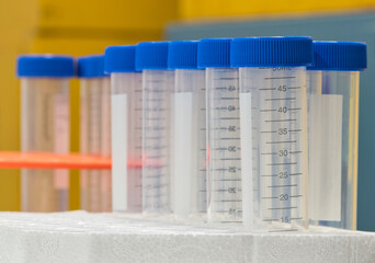Plastic test tubes empty bottle vials milliliter measurement with caps in styrofoam tray.