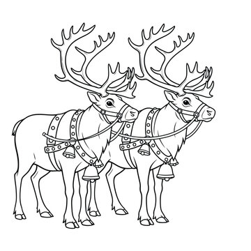 Vector art of two reindeer harnessed together, with bells, ready to pull a sleigh