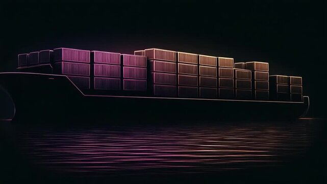 A cargo ship at night with stacked shipping containers glowing purple and orange, reflected in the dark water.