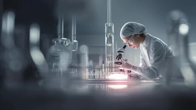 A scientist in a lab coat and hairnet uses a microscope in a modern lab filled with glassware and equipment.