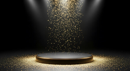 Luxury podium with falling gold glitter and spotlight effect