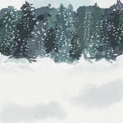 Watercolor background of dark green and blue snowy evening forest with snowdrifts. Atmospheric winter scene with moody, serene tones.