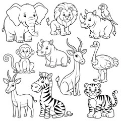 Naklejka premium Vector art of collection of cartoon wild animals, including an elephant, lion, rhino, monkey, zebra, giraffe, tiger, antelope, and parrot