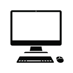 Black silhouette of a modern all in one computer with keyboard and mouse on white background desktop
