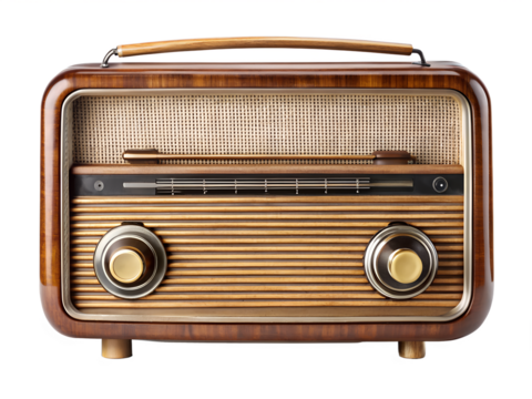 Vintage wooden radio with fabric speaker and knobs isolated on transparent background