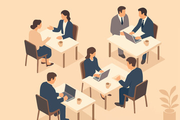 Top-View Isometric Corporate Workspace — Desks, Laptops,