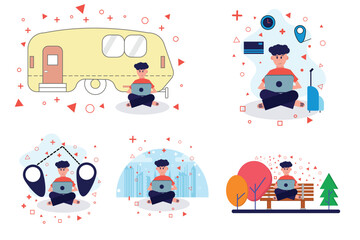 Digital Nomad vector set.Flat illustrations of a freelancer working remotely on a laptop in different locations-camper van,park,city,map navigation,and travel scenes.Modern minimal flat design concept