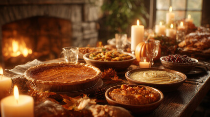 Cozy Thanksgiving table with pumpkin pie, roasted vegetables, and candles by the fireplace. Autumn decorations, pumpkins, and pine branches create a festive family dinner atmosphere
