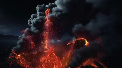 stunning lava eruption under night sky, dramatic volcanic explosion with flowing lava and ash clouds - Powered by Adobe