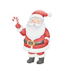 Watercolor illustration of Santa Claus in traditional red suit holding red and white candy cane. Cute festive character in childlike style, isolated on white background.