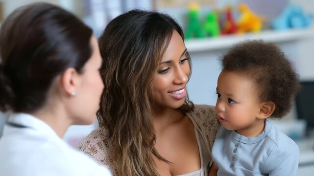 consulting mother with child, medical office with toys in background. pediatrician consultation, mother child doctor, healthcare child photo, pediatric 