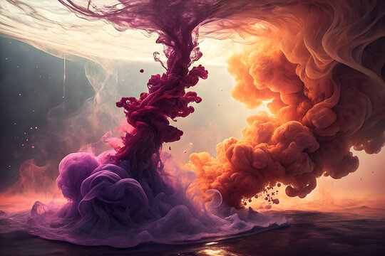 Confronting Vapors: Dramatic Duel of Crimson and Saffron Smoke Columns Against a Moody Sky
