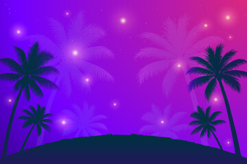 Naklejka premium Vivid Vector Tropical Sunset with Palm Trees Silhouettes and Glowing Stars in Purple Gradient Sky