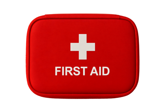 Red first aid kit box with white medical cross symbol isolated on clean background representing emergency healthcare safety equipment for travel home or outdoor medical preparedness