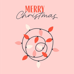 Cute simple Christmas greeting card with garland lights. Festive colorful holiday decoration. Perfect for cards, invitations, posters, home decor, and seasonal design. Flat vector illustration