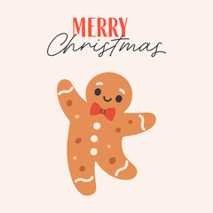 Cute Christmas greeting card with festive gingerbread man. Holiday pastry, cookies. Christmas design for card, banner, poster. Flat vector illustration