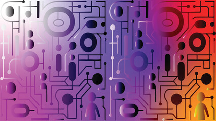 Colorful Abstract Technological Landscape, Gradients, Connected Lines, Circuits, High-Tech Visual Design