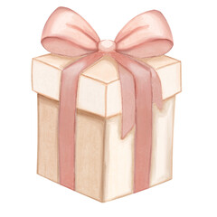 Color illustration of a gift box with a pink ribbon and bow, soft pastel design, perfect for holiday cards, birthdays, and celebrations
