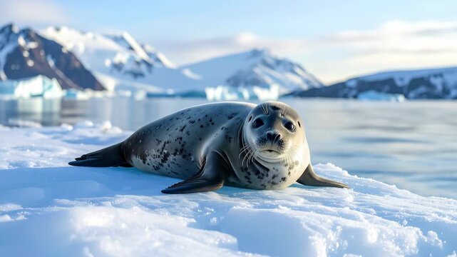 Leopard seal resting on ice floe in Antarctica.